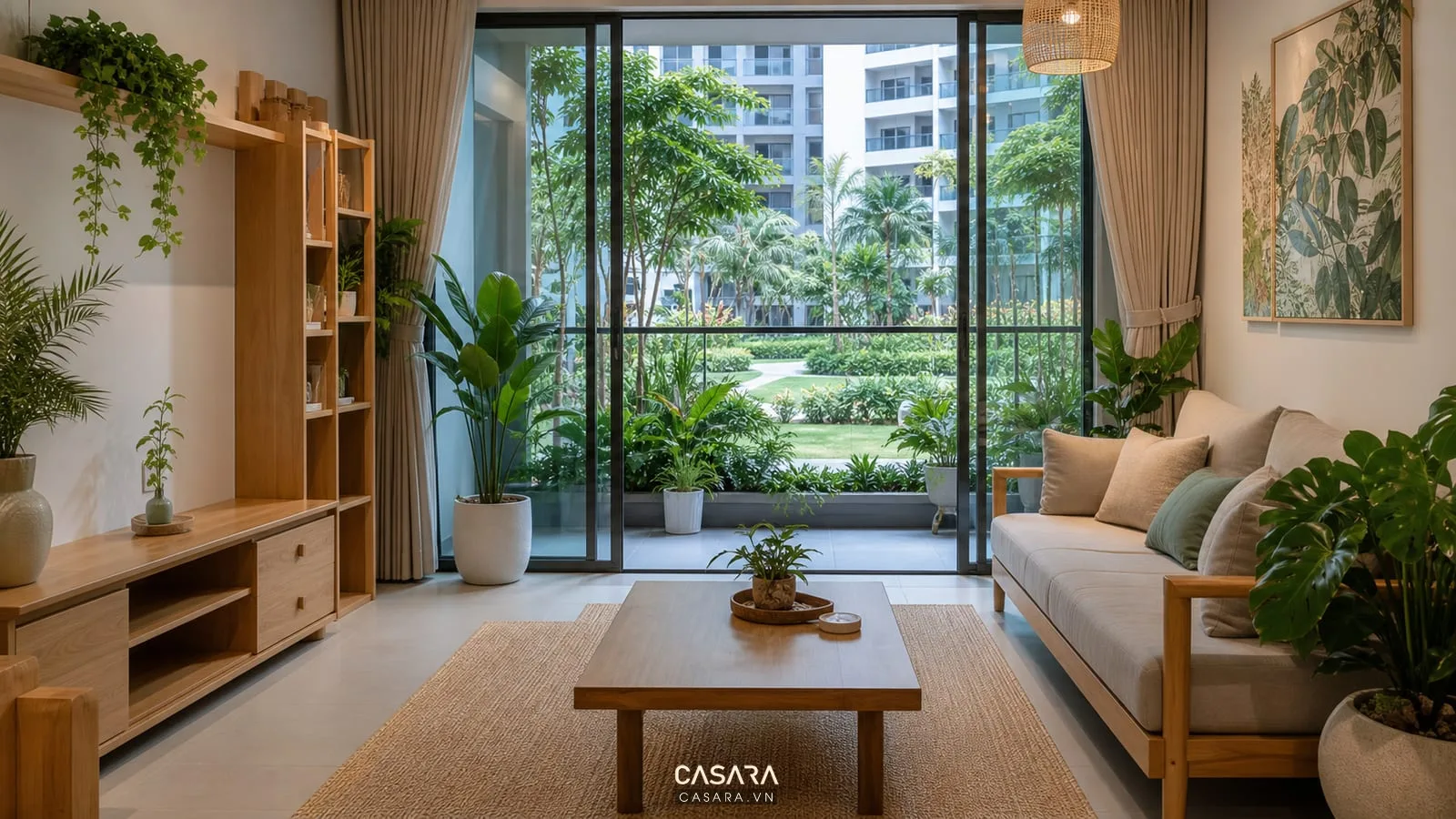thiết kế cảnh quan chung cư đồng bộ với nội thất căn hộ gỗ sáng và cây xanh
