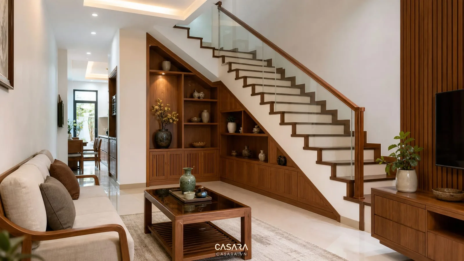 gầm cầu thang dọc nhà thiết kế tủ kho kệ trang trí gỗ trong phòng khách nhà phố