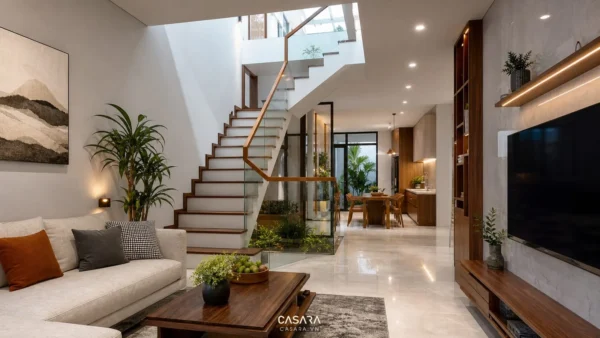 Cầu thang nhà ống 4m hiện đại với giếng trời, tay vịn kính hoặc gỗ và phòng khách liền bếp