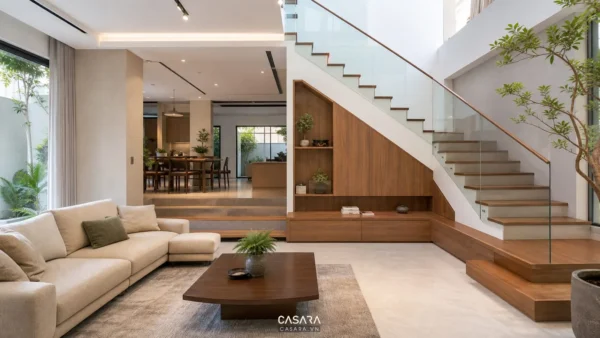 thiết kế cầu thang trong nhà phòng khách hiện đại với gỗ và kính