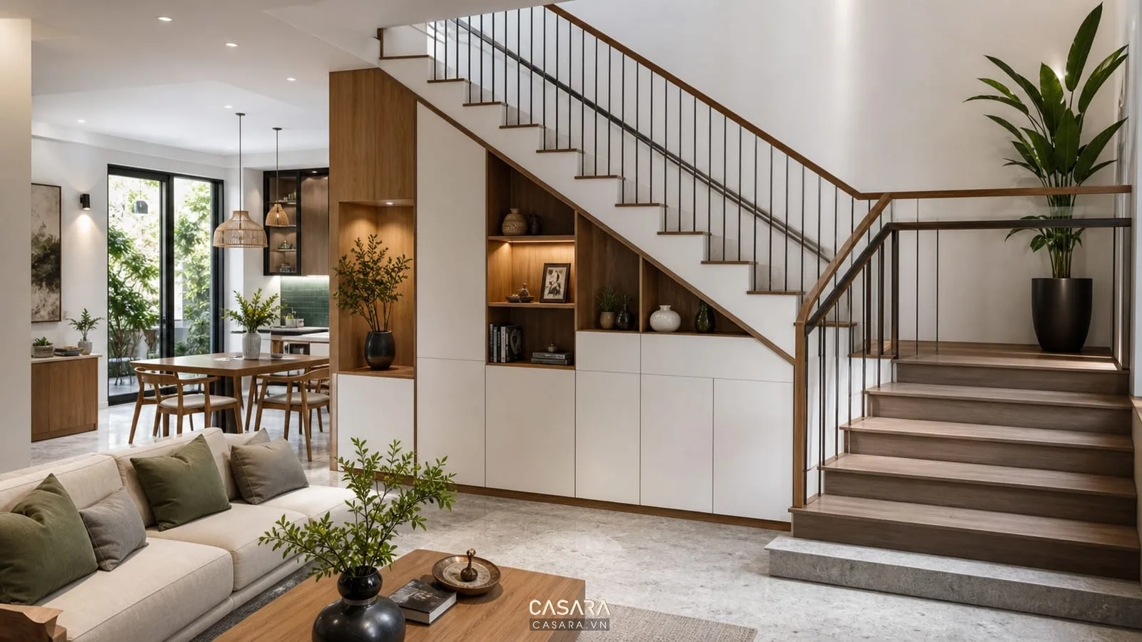 các kiểu bố trí cầu thang trong nhà có tủ lưu trữ dưới gầm
