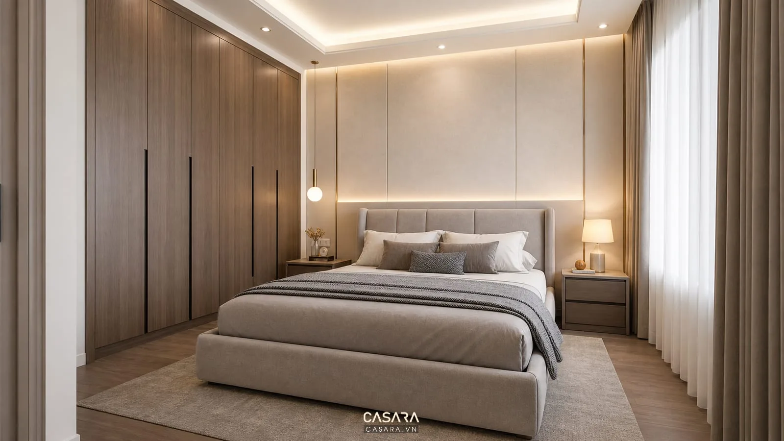 Phòng ngủ chung cư có giường và tủ áo bố trí lối đi thoáng