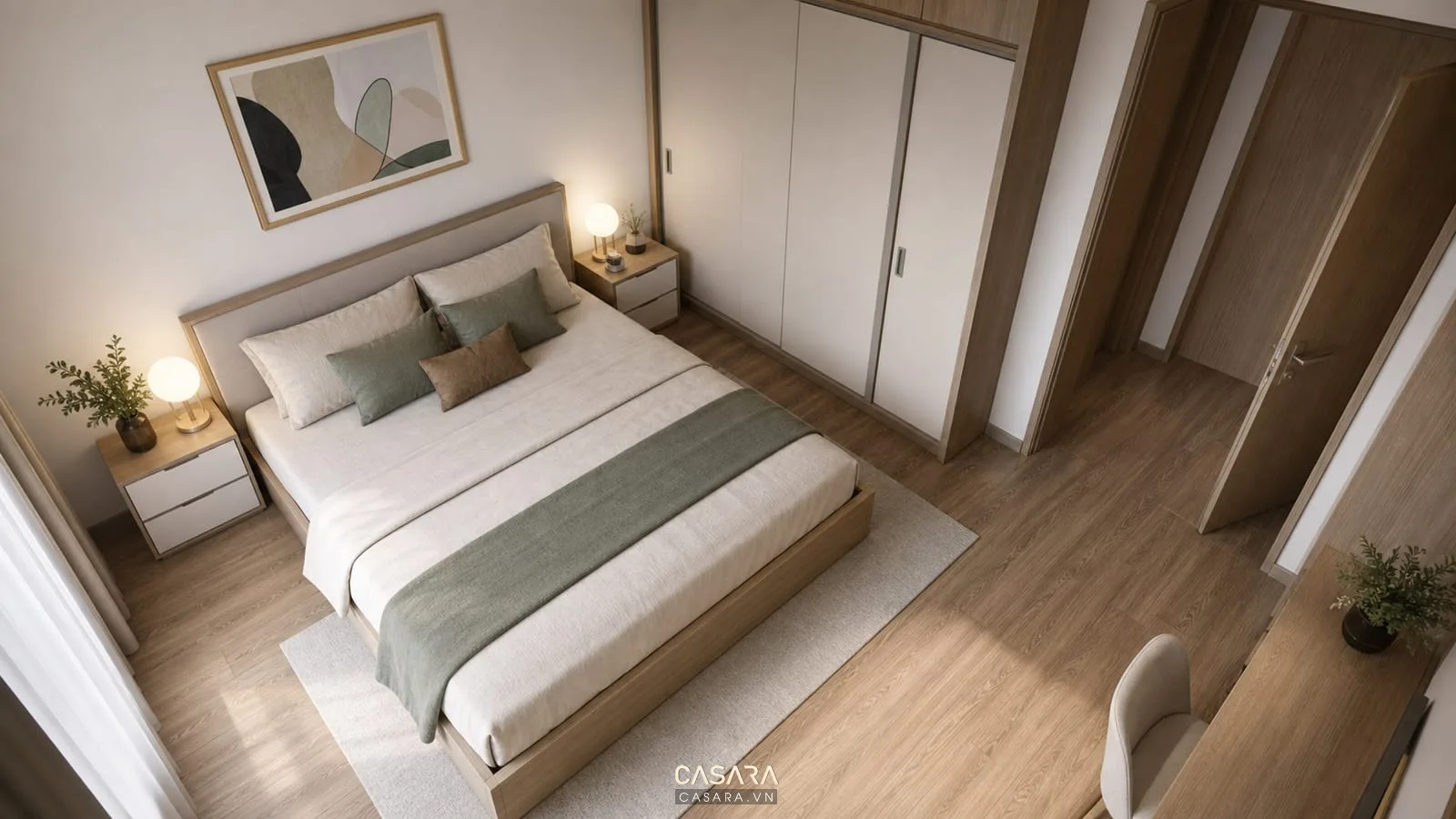Bố trí phòng ngủ chung cư 1 phòng ngủ có lối đi quanh giường
