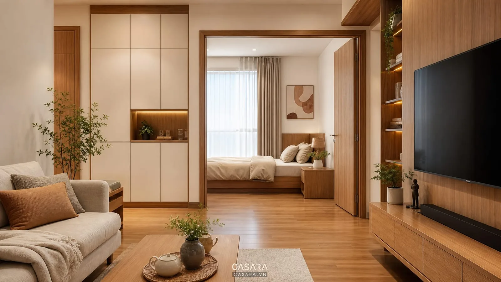 Nội thất căn hộ chung cư 1 ngủ đồng bộ giữa phòng khách và phòng ngủ
