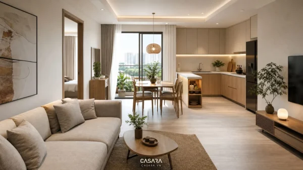Phòng khách bếp chung cư 1 phòng ngủ với sofa nhỏ, bàn ăn cạnh cửa kính và tủ bếp chữ L