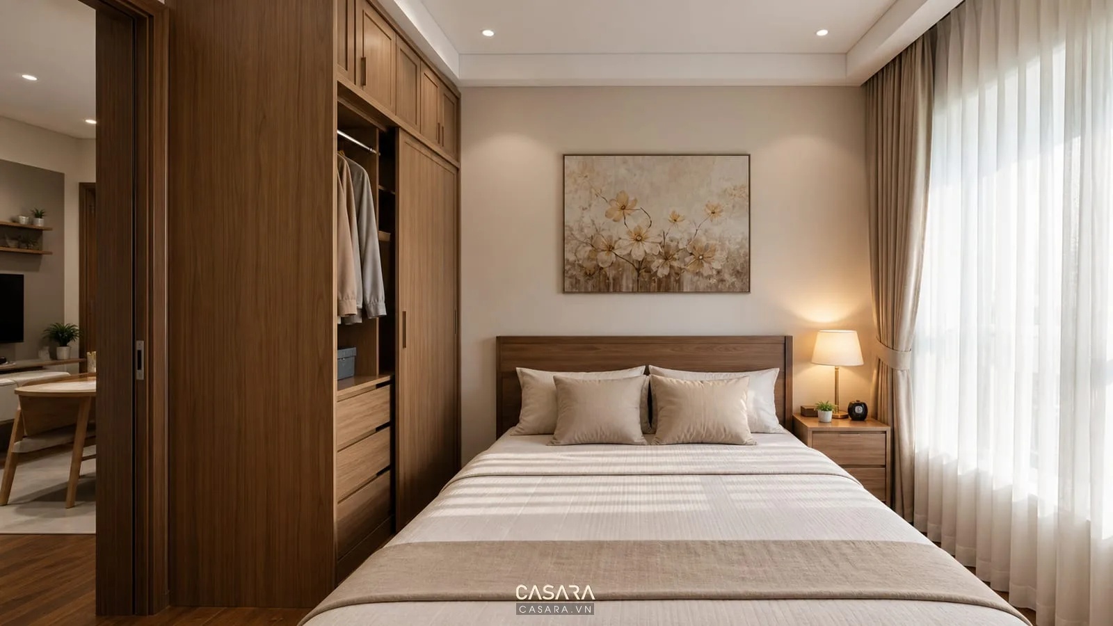 Phòng ngủ trong thiết kế chung cư 1 phòng ngủ có giường đôi tủ áo và rèm sáng