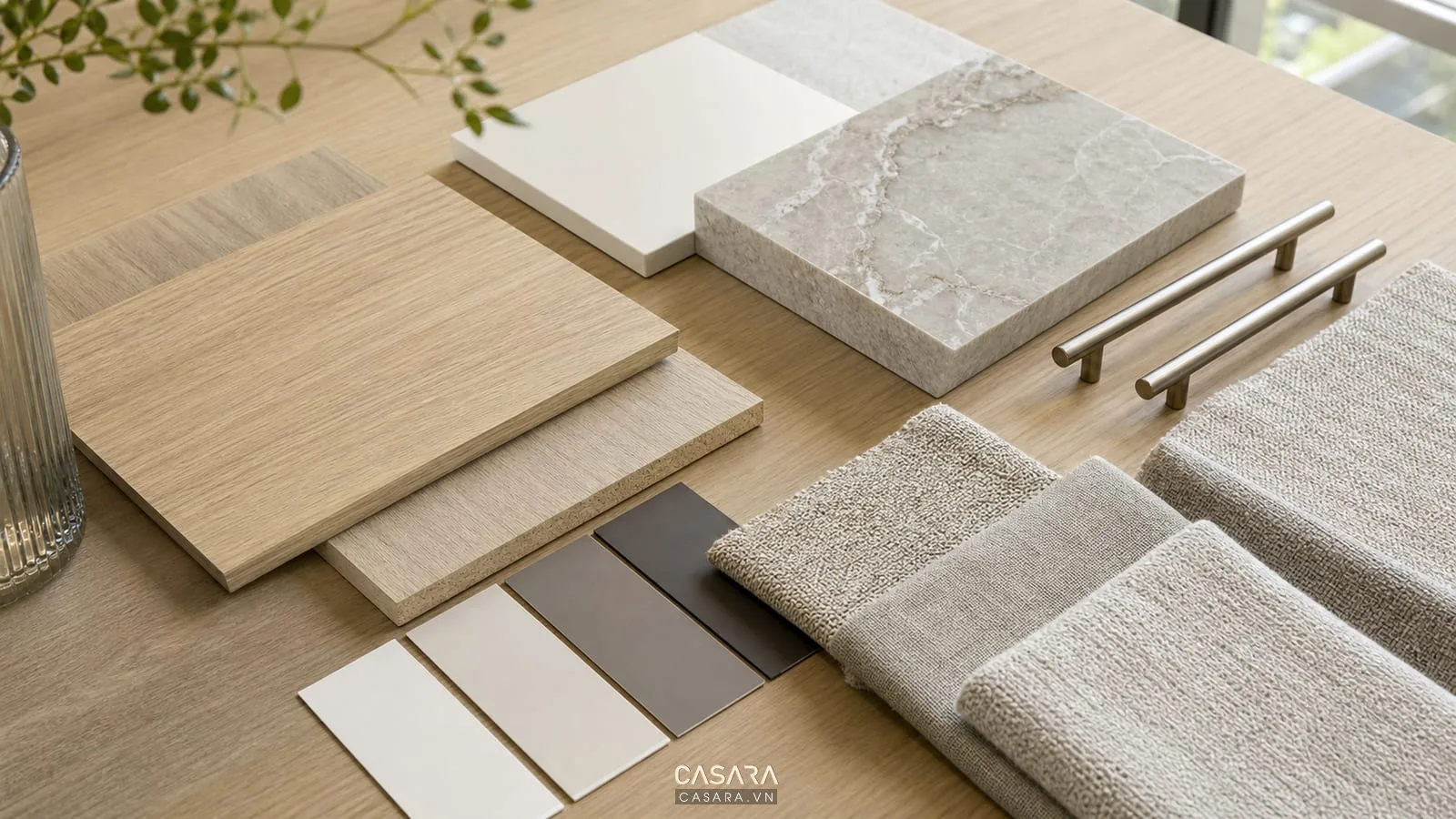 Mẫu vật liệu cho thiết kế chung cư 1 phòng ngủ gồm gỗ vải đá và kim loại