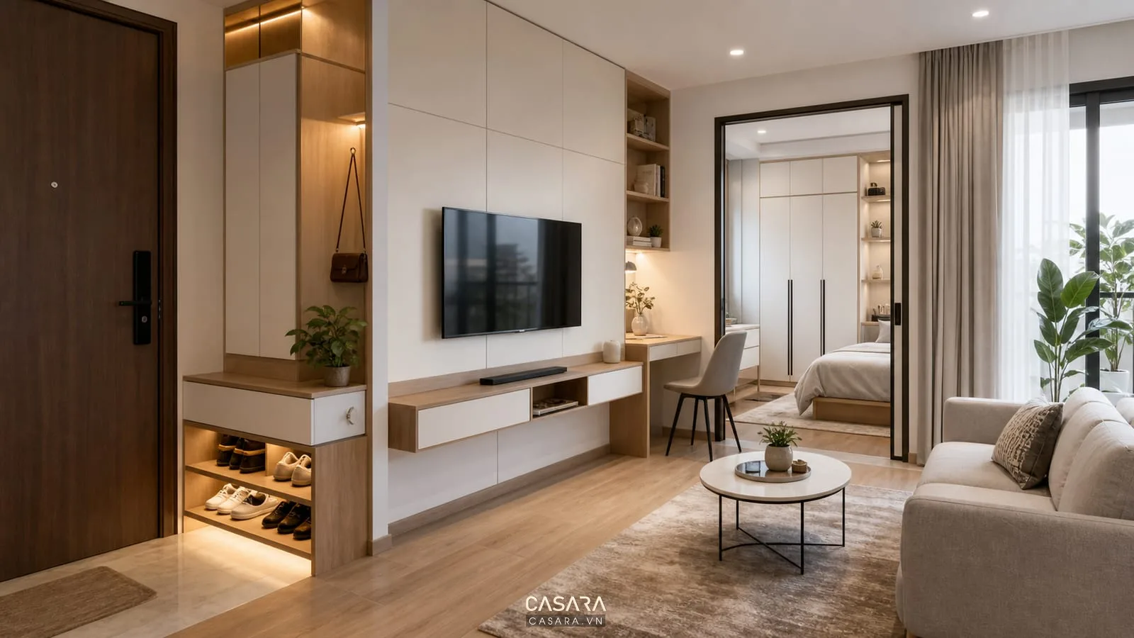 Hệ tủ lưu trữ trong thiết kế chung cư 1 phòng ngủ với tủ giày tủ tivi bàn làm việc và tủ áo
