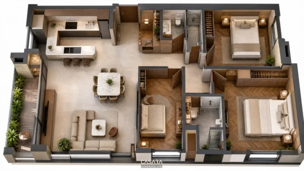 Thiết kế chung cư 100m2 với mặt bằng phòng khách bếp mở, phòng ngủ và hệ tủ rõ ràng