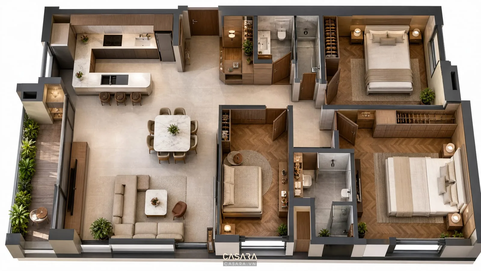 Thiết kế chung cư 100m2 với mặt bằng phòng khách bếp mở, phòng ngủ và hệ tủ rõ ràng