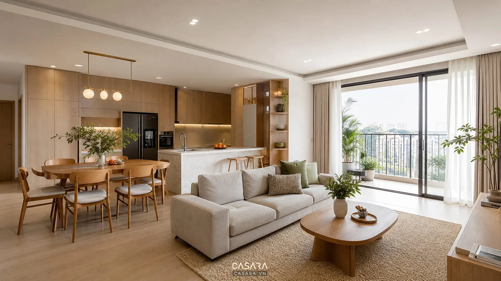 Thiết kế chung cư 100m2 với phòng khách bếp mở, sofa, bàn ăn và tủ bếp gỗ sáng