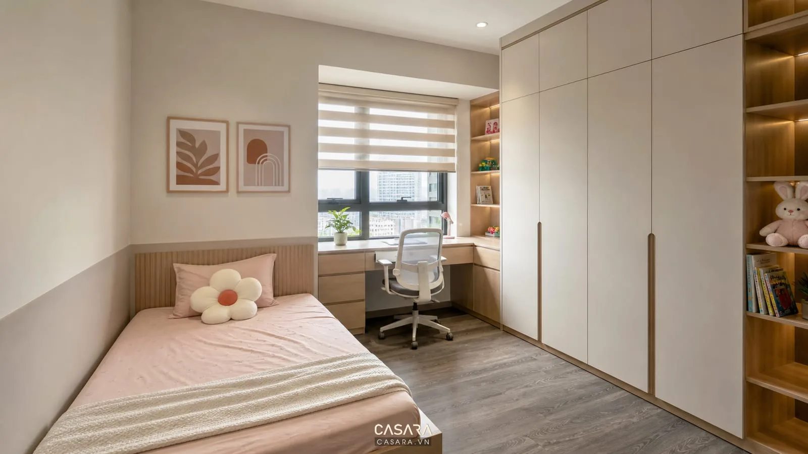 Phòng trẻ em trong chung cư 100m2 với giường đơn, bàn học, tủ áo và ánh sáng tự nhiên