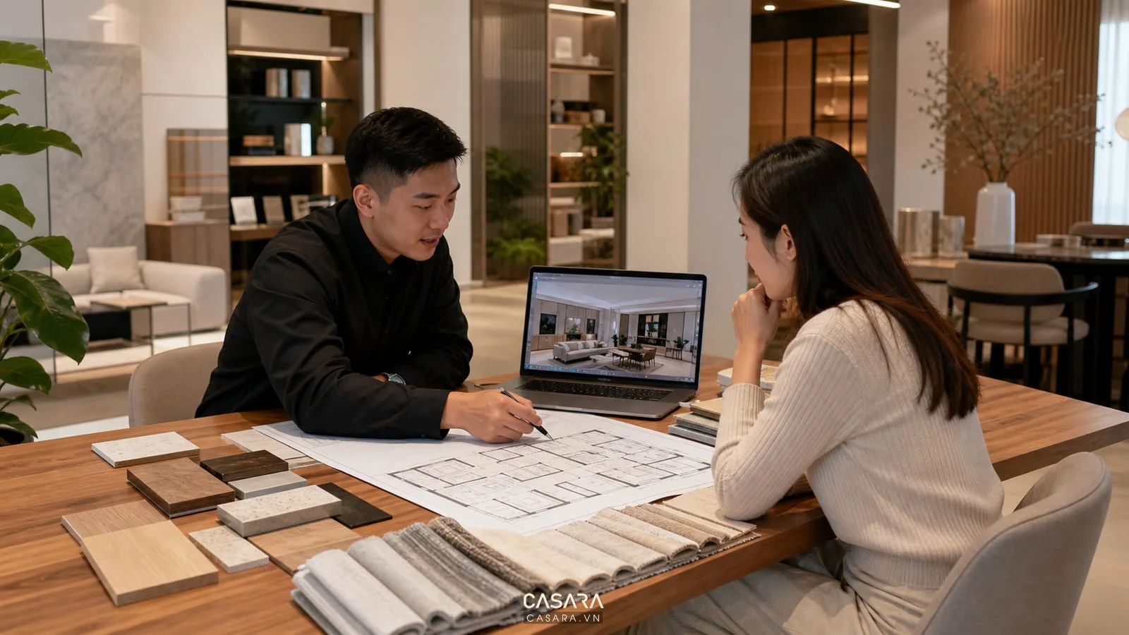 Tư vấn thiết kế chung cư 100m2 với bản vẽ mặt bằng, phối cảnh 3D và mẫu vật liệu