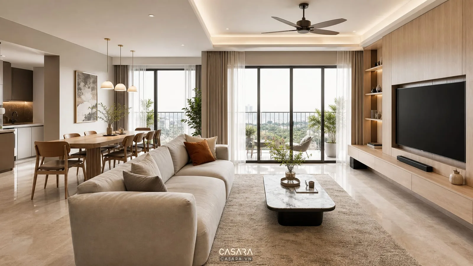Phòng khách căn hộ chung cư 120m2 liên thông bàn ăn và ban công