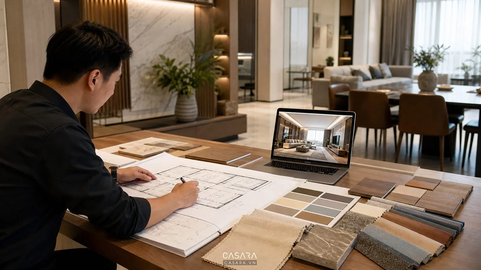 Tư vấn thiết kế chung cư 120m2 với bản vẽ mặt bằng và mẫu vật liệu