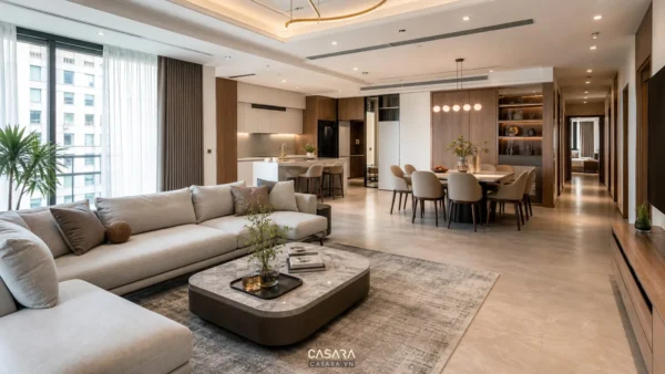 thiết kế chung cư 150m2 với phòng khách bếp mở và lối vào phòng ngủ