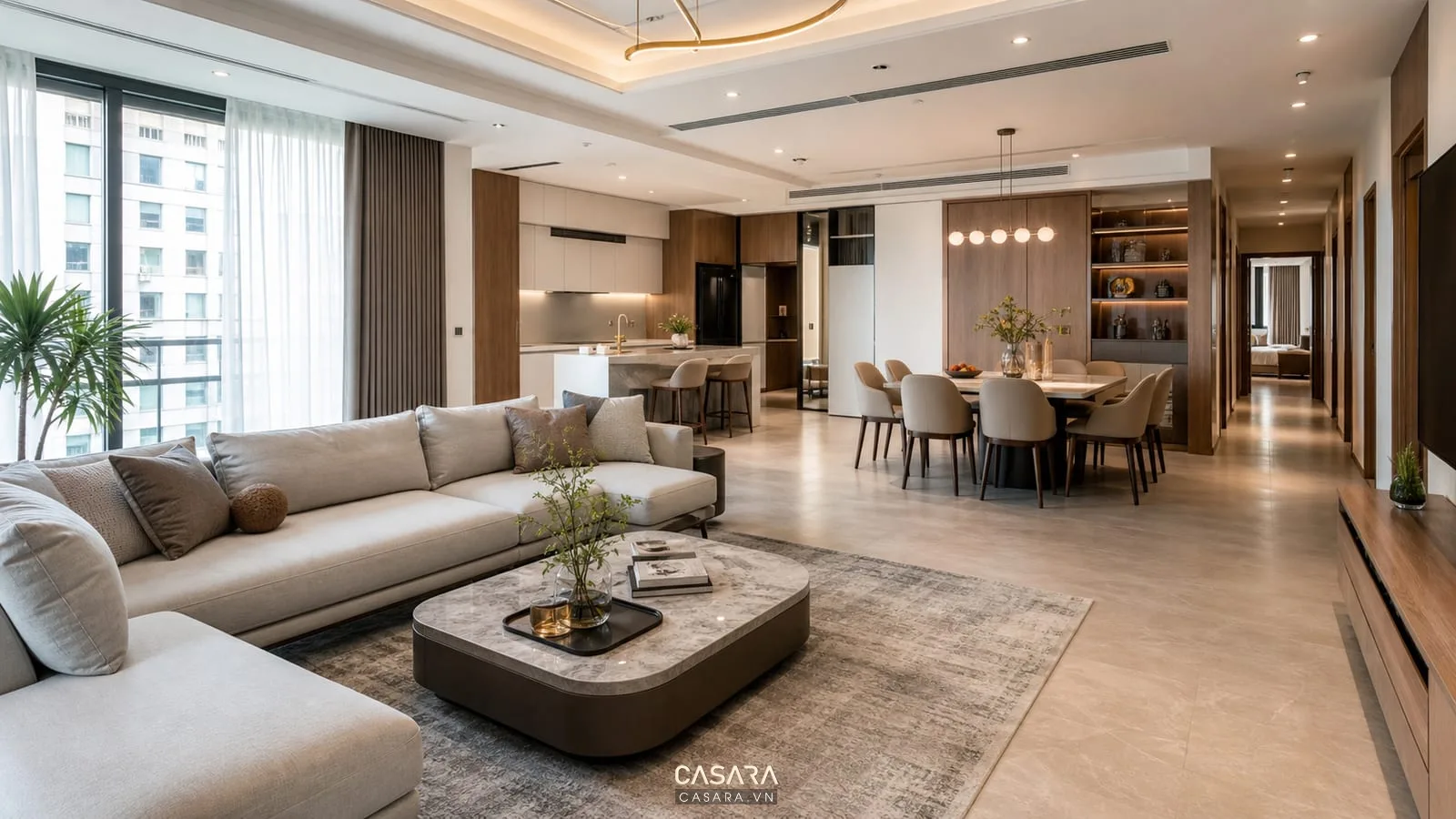thiết kế chung cư 150m2 với phòng khách bếp mở và lối vào phòng ngủ
