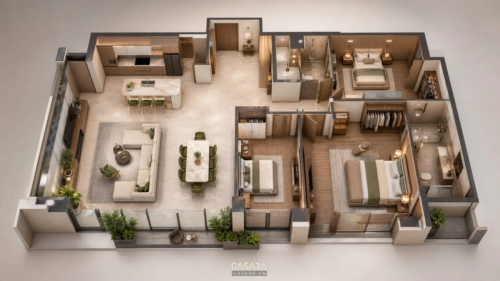mặt bằng thiết kế chung cư 150m2 với phòng ngủ và lối di chuyển