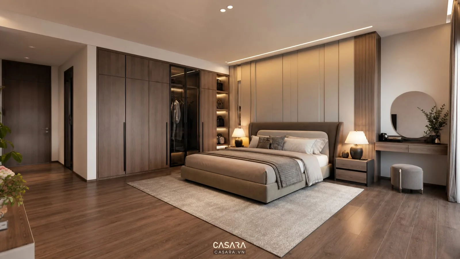 phòng ngủ master thiết kế chung cư 150m2 có giường và tủ áo âm tường
