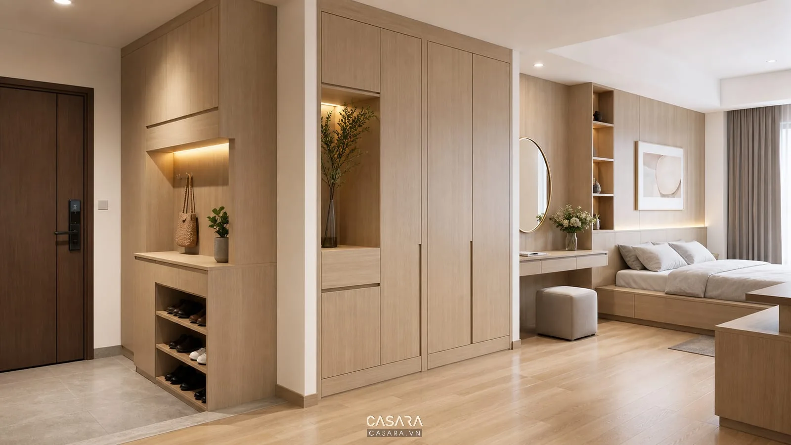 hệ tủ âm tường và bàn trang điểm trong thiết kế chung cư 150m2