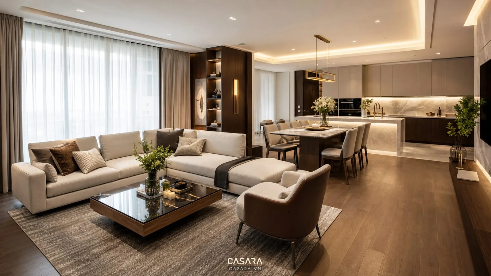 thiết kế chung cư 150m2 sang trọng với phòng khách bếp mở và ánh sáng ấm