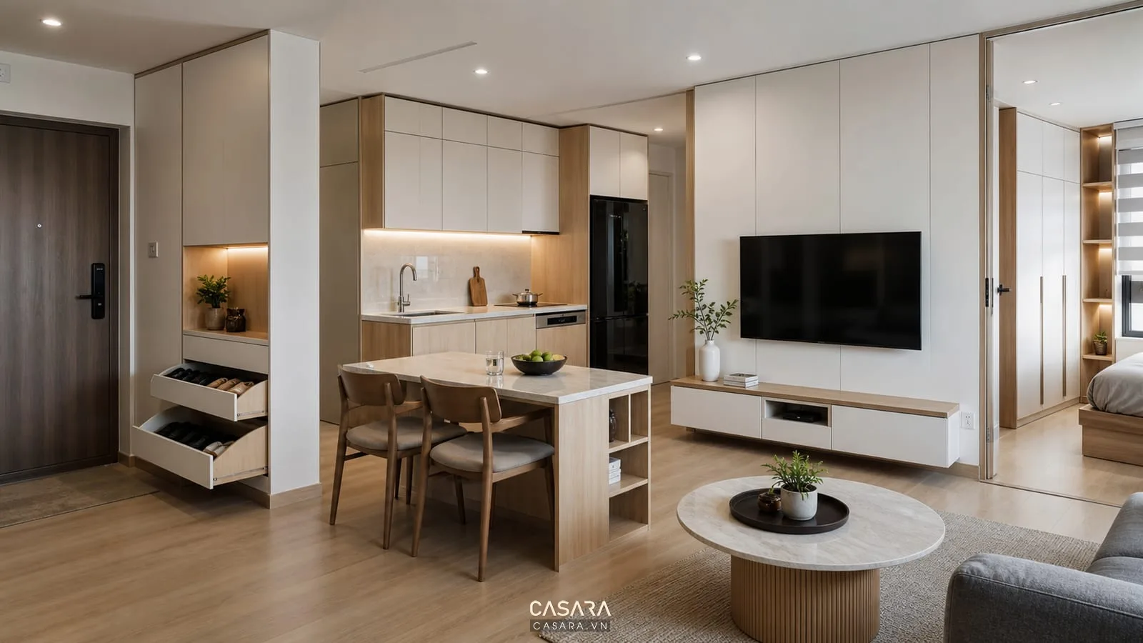 Hệ tủ lưu trữ thiết kế chung cư 1PN gồm tủ giày tủ bếp tủ áo kệ tivi và khoang để đồ kín