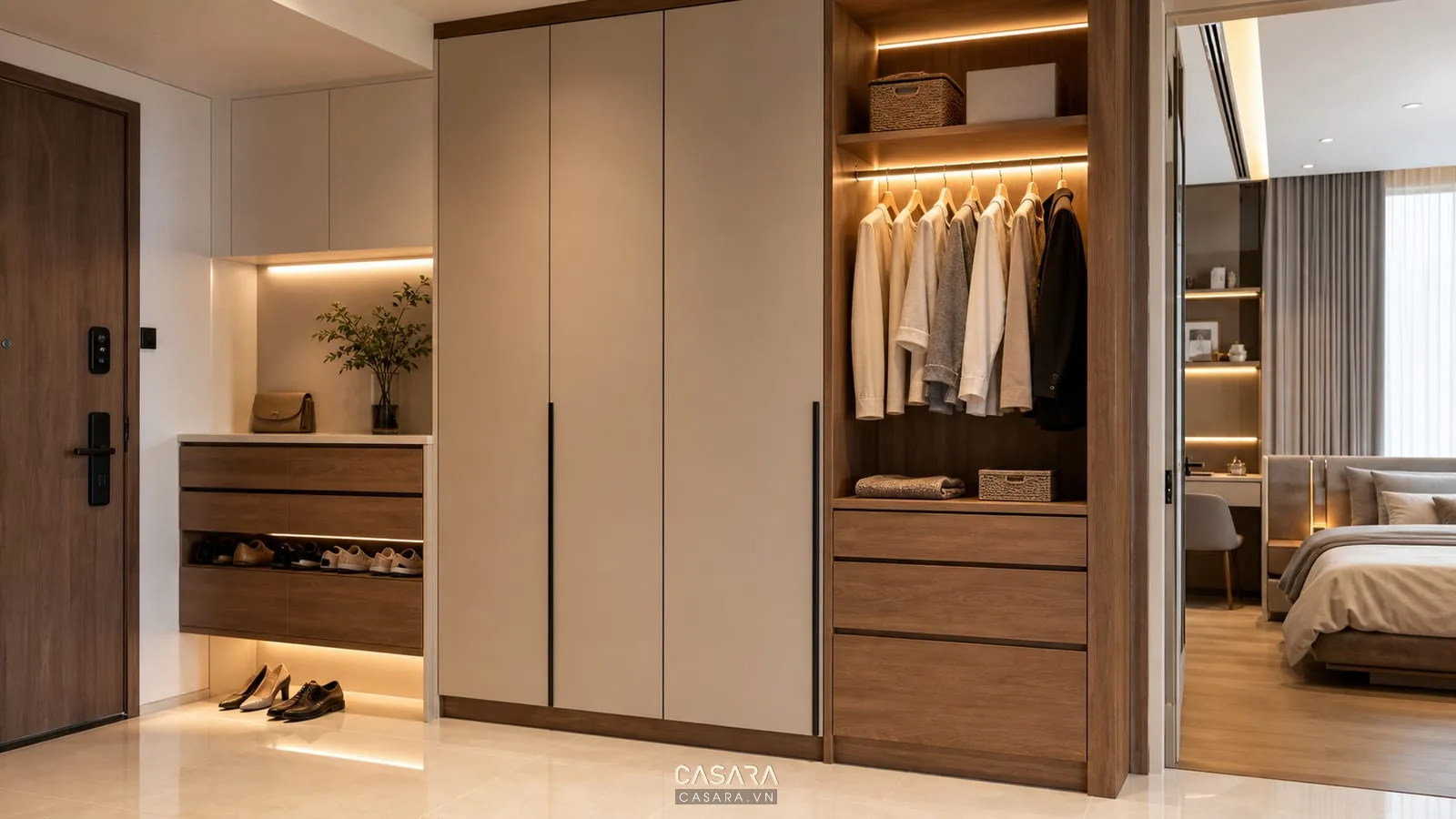hệ tủ lưu trữ trong thiết kế chung cư 2 ngủ với tủ giày và tủ quần áo cao kịch trần