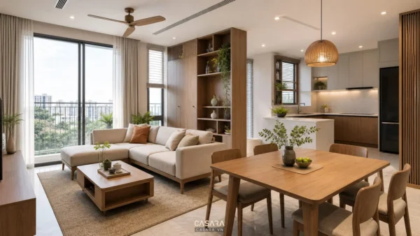 Phòng khách, bàn ăn và bếp mở trong căn hộ 2 ngủ với nội thất gỗ sáng màu