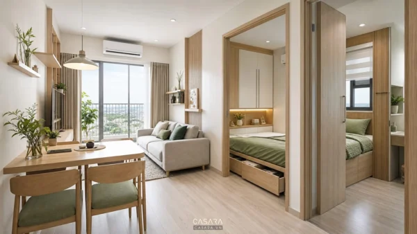 Căn hộ nhỏ 40m2 với phòng khách liền bàn ăn và hai phòng ngủ sáng màu