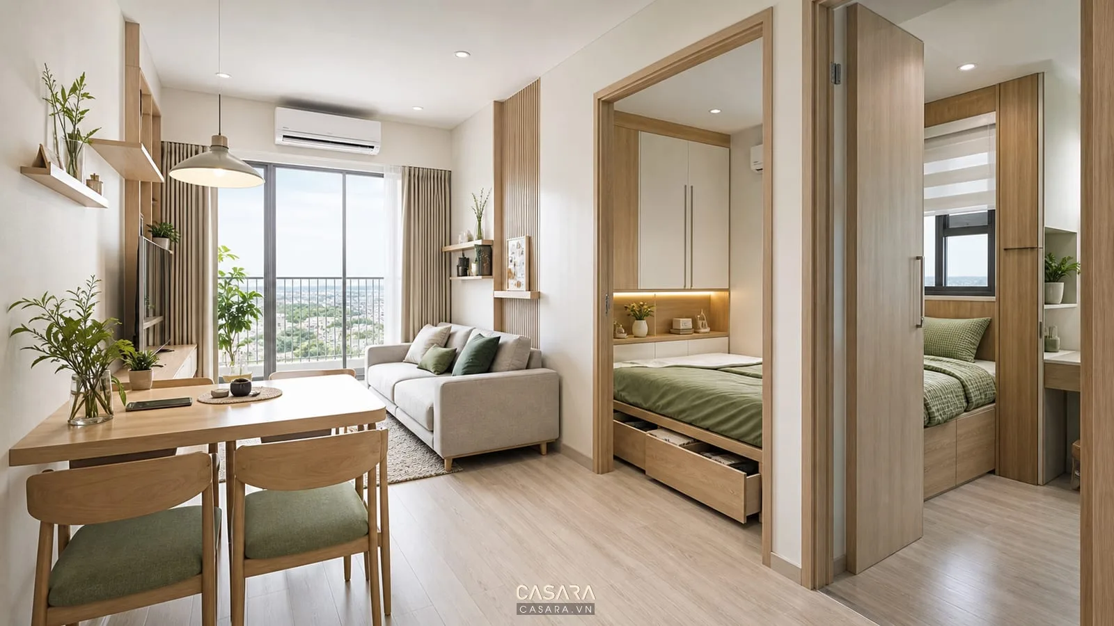 Thiết kế chung cư 40m2 2 phòng ngủ với nội thất sáng màu và lưu trữ gọn