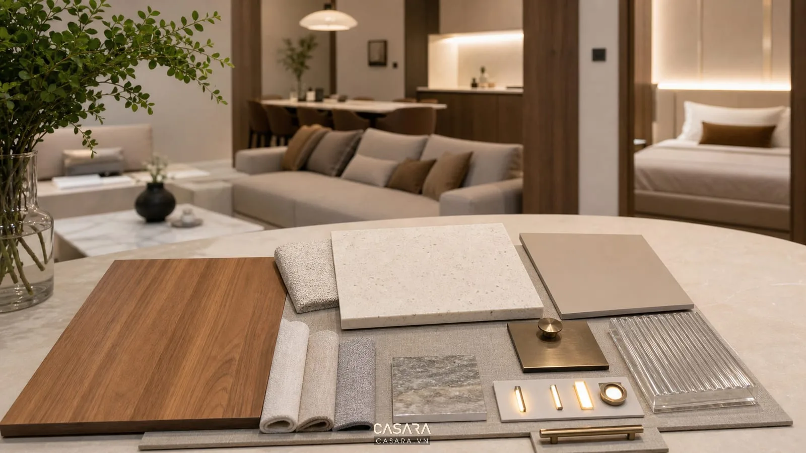 Bảng vật liệu cho thiết kế chung cư 2 phòng ngủ đẹp với gỗ đá và vải nội thất