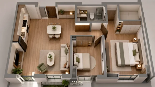 Mặt bằng 3D căn hộ hai phòng ngủ với phòng khách, bếp ăn và khu vệ sinh riêng