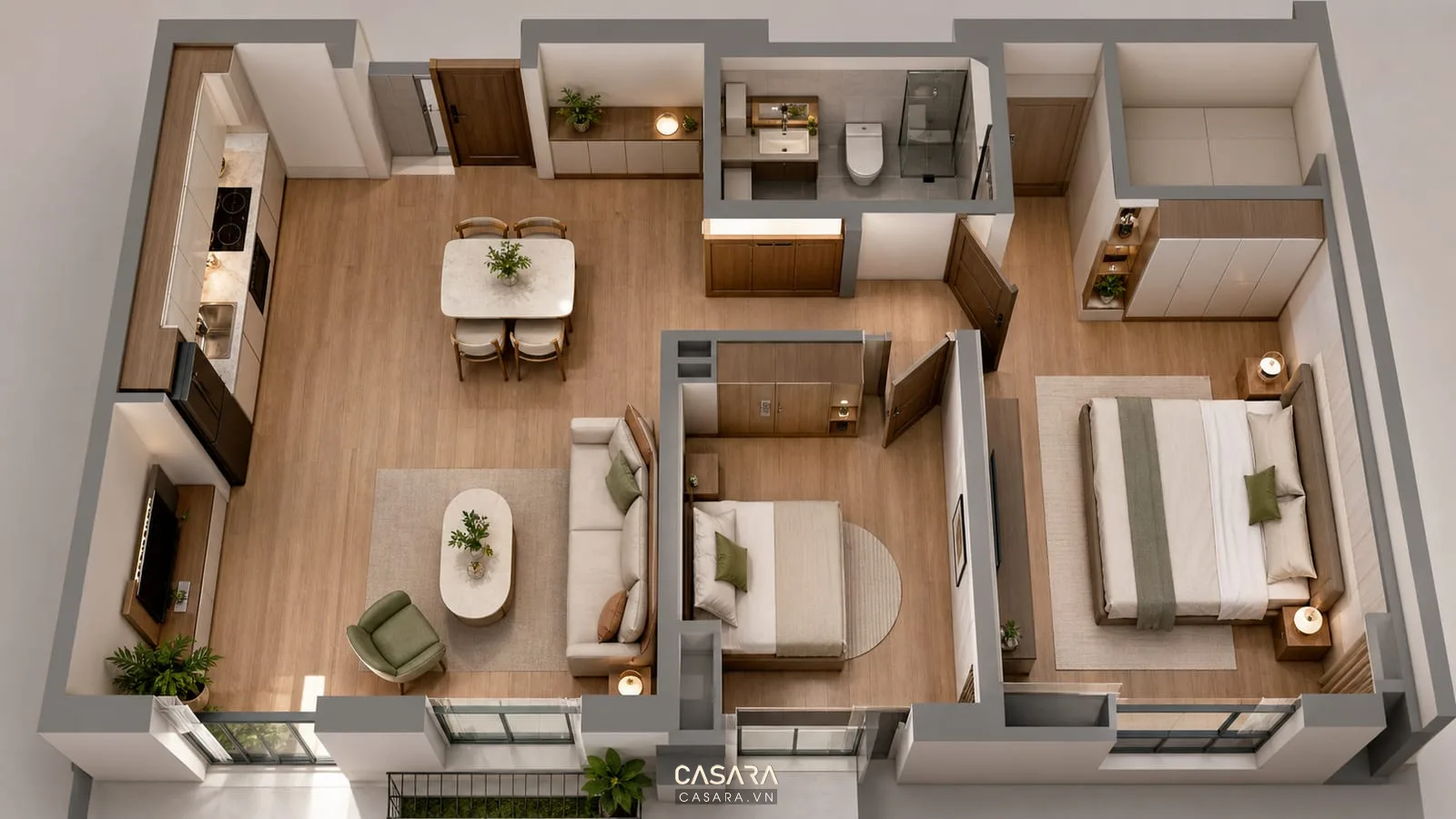 Không gian căn hộ 60m2 2 phòng ngủ với phòng khách bếp mở hiện đại
