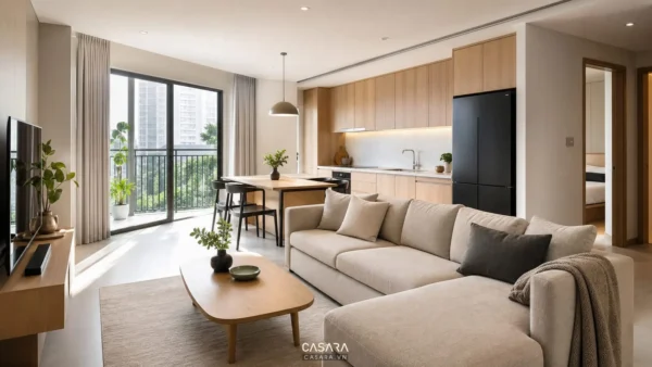 Phòng khách bếp chung cư với sofa chữ L, bàn ăn nhỏ và hệ tủ bếp gỗ sáng