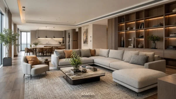 Phòng khách rộng liền bếp ăn với sofa chữ L, bàn trà và hệ tủ trang trí âm tường