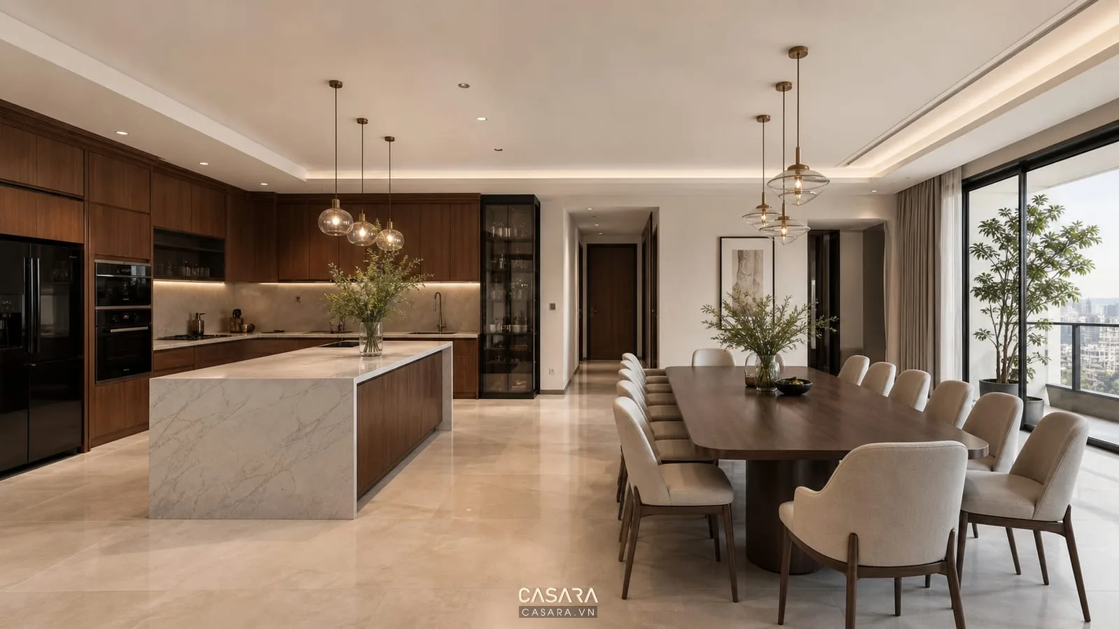 Khu bếp ăn trong thiết kế chung cư 200m2 với đảo bếp và bàn ăn dài