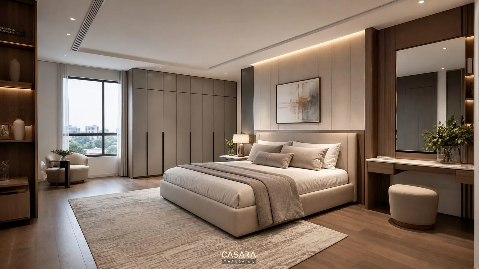 Phòng ngủ master chung cư 200m2 với giường lớn và tủ áo sát trần