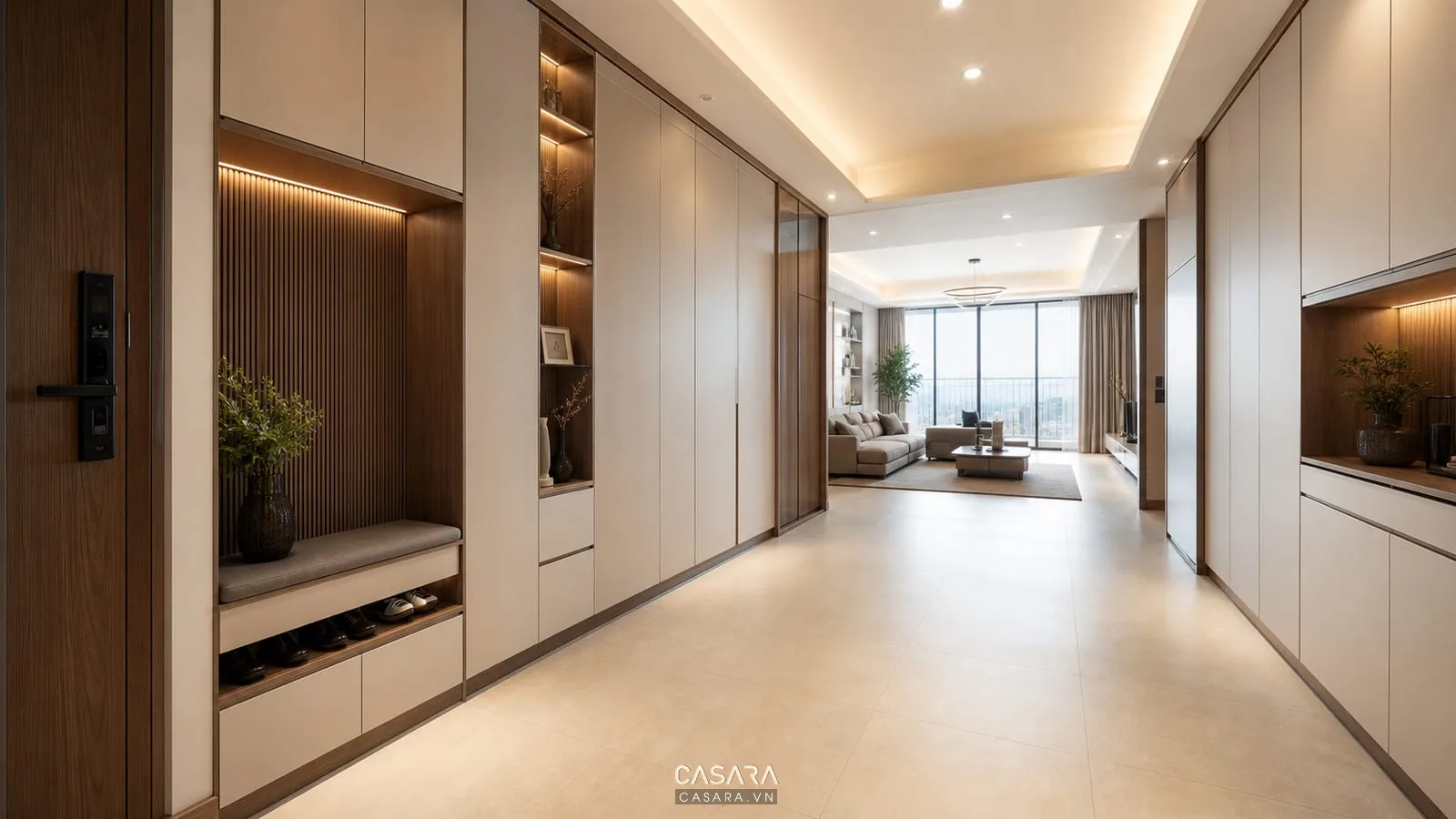 Hệ tủ âm hành lang trong thiết kế chung cư 200m2 hiện đại
