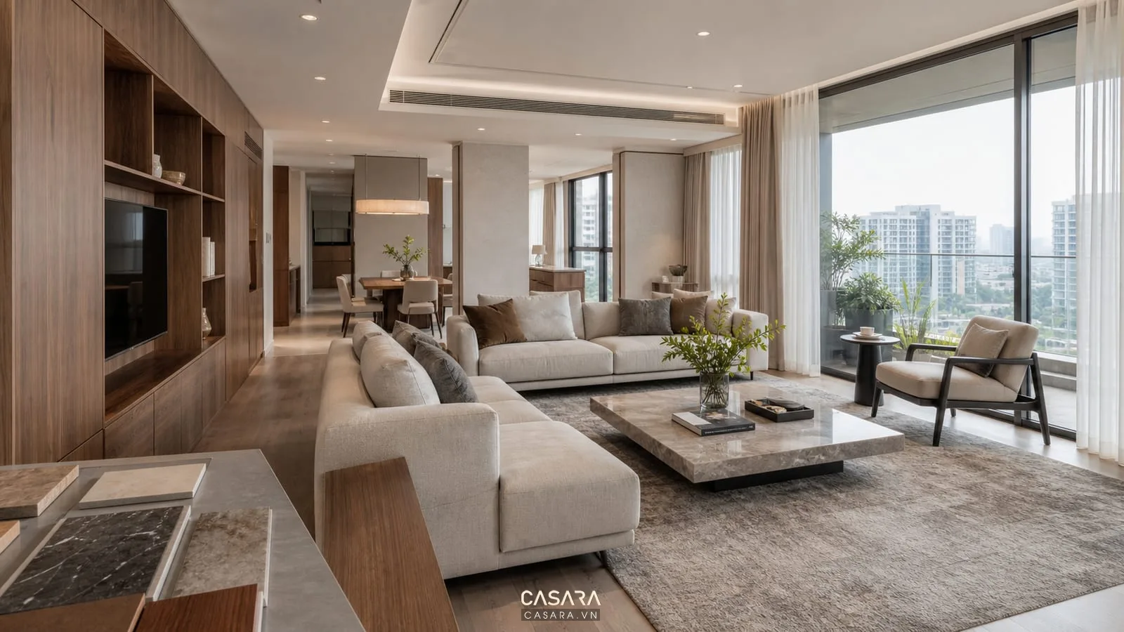 Căn hộ 200m2 phong cách hiện đại với gỗ đá và ánh sáng tự nhiên