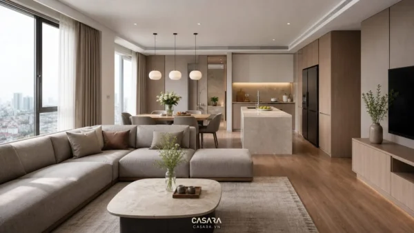 Phòng khách liền bếp với sofa góc, bàn ăn và đảo bếp trong căn hộ hiện đại