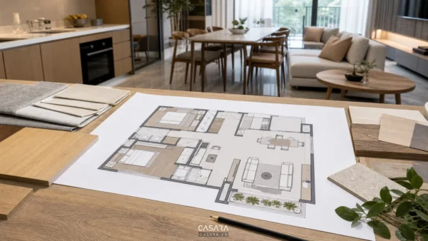 Bản vẽ mặt bằng căn hộ đặt trên bàn cùng mẫu gỗ và vải