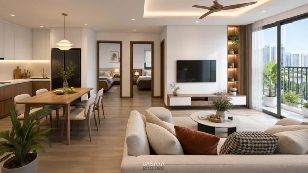 Phòng khách liền bếp sáng thoáng với bàn ăn gỗ, sofa và hai phòng ngủ phía sau