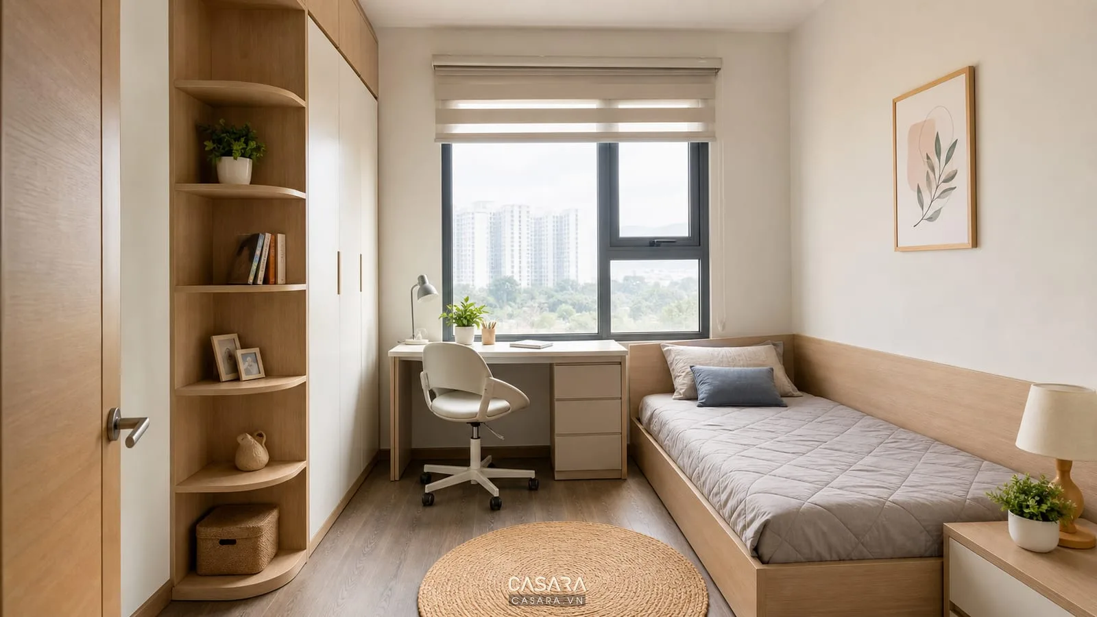 Phòng ngủ phụ chung cư 2 phòng ngủ đa năng với giường đơn bàn làm việc và kệ sách