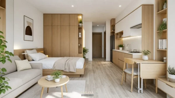 Căn hộ studio nhỏ với giường ngủ, sofa, bếp chữ I và hệ tủ gỗ sáng màu