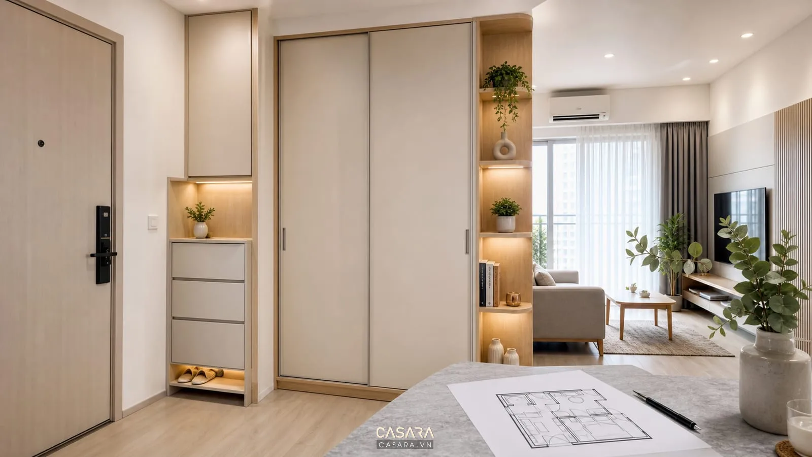 Hệ tủ lưu trữ trong thiết kế chung cư 30m2 với tủ giày, tủ áo và hốc trang trí