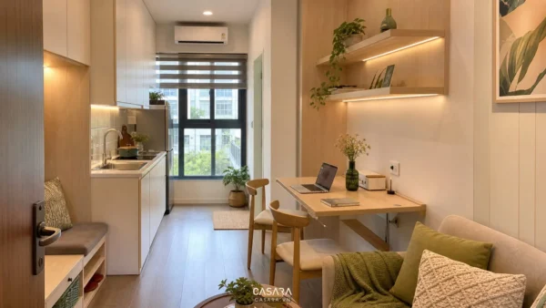 Căn hộ mini 30m2 có bếp chữ I, bàn ăn gắn tường và góc làm việc nhỏ
