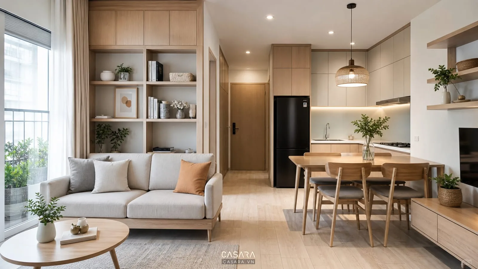 phòng khách chung cư nhỏ 50m2 liền bếp với sofa và ban công sáng