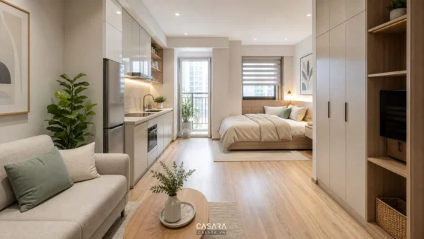 thiết kế chung cư 36m2 với phòng khách bếp và giường ngủ gọn gàng