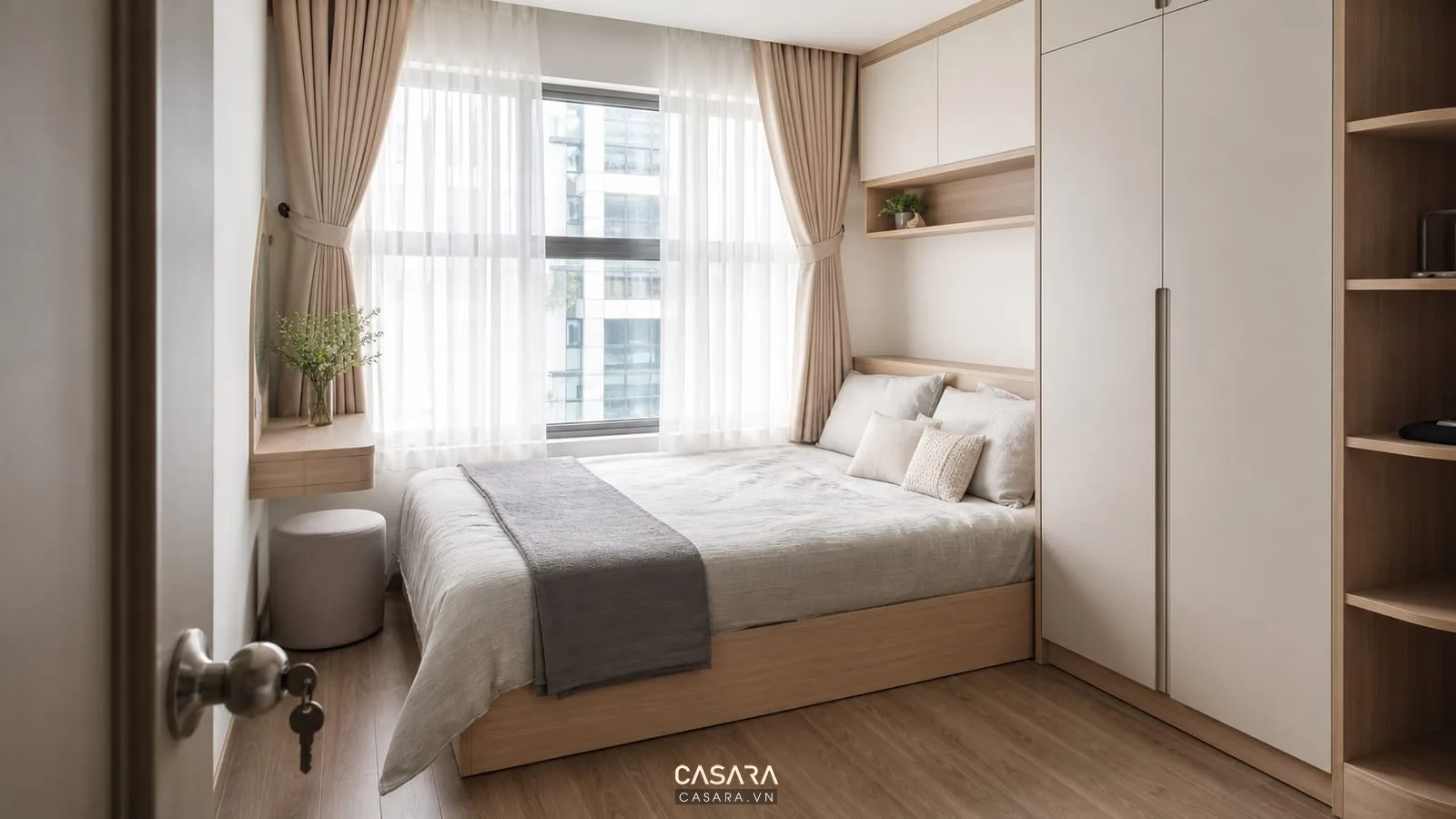 phòng ngủ nhỏ với giường trong thiết kế chung cư 36m2