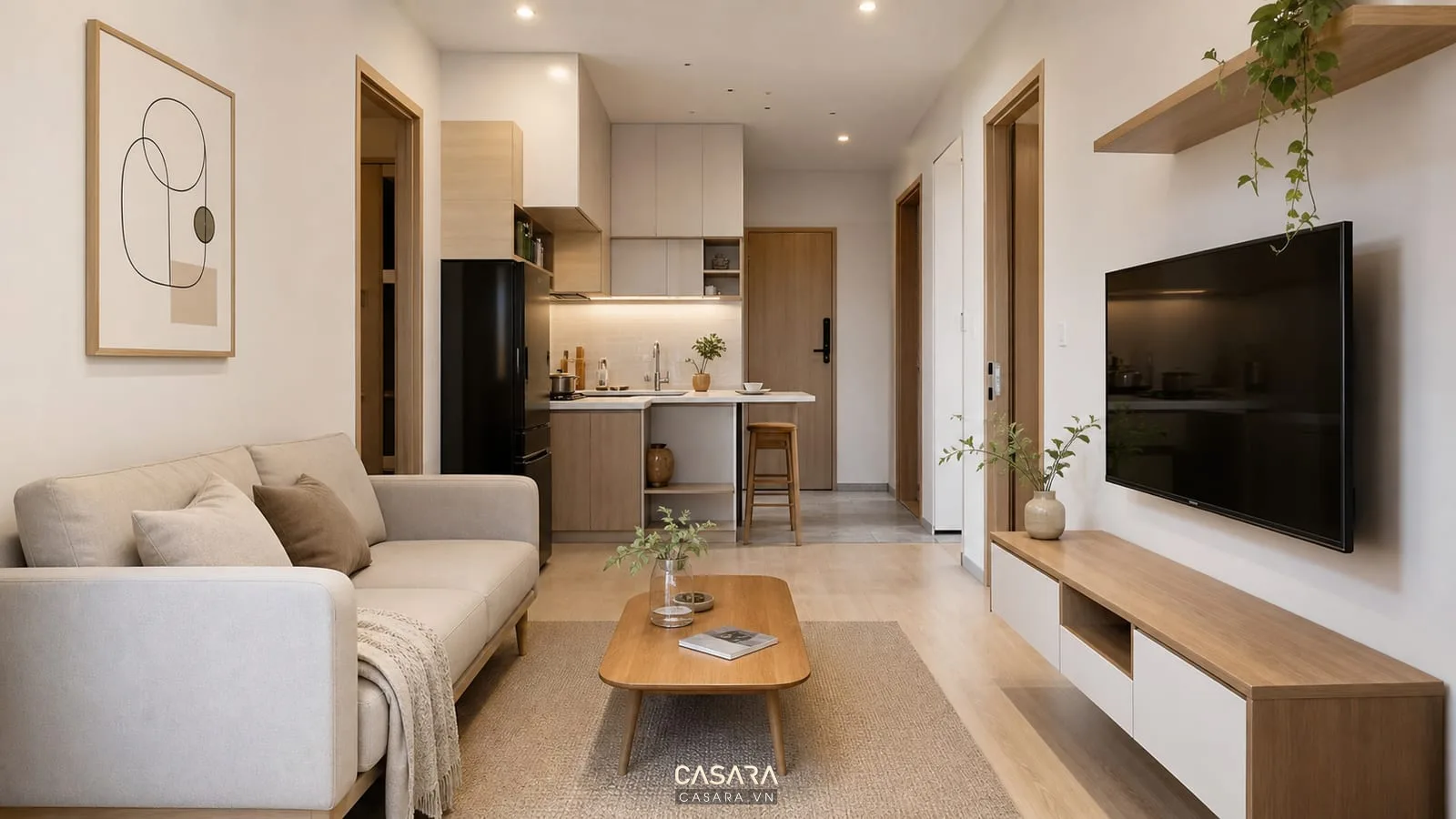 phòng khách và bếp mở trong thiết kế chung cư 36m2